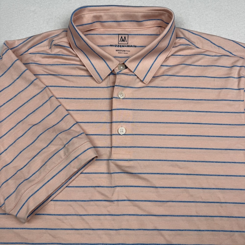 Mizzen+Main Polo Shirt Mens Medium Pink Blue Stripe Golf Performance Stretch